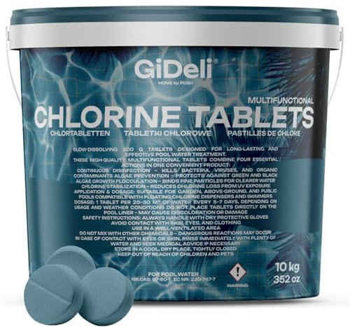 GiDeli chlortabletten für Pool chlor multitabs 5 in 1 200g langzeit zubehör 5-Phasen Sichere und effiziente Pflege & Reinigung für kristallklares poolwasser & Whirlpool 10 kg