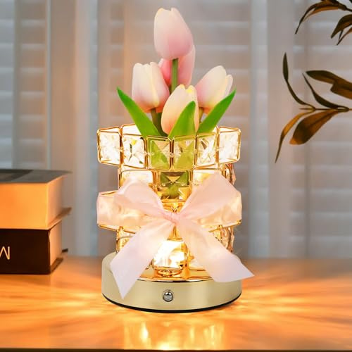 Lamparas de Mesita de Noche con Tulipanes Rosados, Candeeiro Mesa de Cabeceira, 3 Modos de Temperatura de Color, Ideales Para Decoraciones Románticas En Navidad, El Día de La Madre y San Valentín (C)