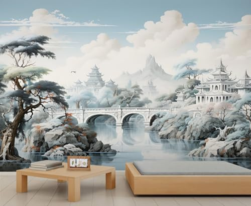 Garden Landscape Mural Traditional Chinese Landscape Painting Wallpaper Stone Bridge Flowing Water Tree Mountain Wall Mural Wallpaper White Cloud Sky Wall Paper for Girls Bedroom Murals Living Room