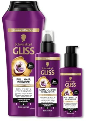 Routine Capillaire Gliss, Full Hair Wonder, Shampooing, Serum stimulateur de racines, Soin fortifiant de longueurs, Sans silicone,Cheveux fragiles et affaiblis, Cafeine et Peptides, Cheveux plus forts