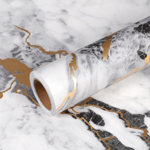 VEELIKE Grau Weiß Klebefolie Marmor Tapete Marmoroptik Golden Riss Marmor Folie Selbstklebende Tapete Küche Klebefolie Badezimmer Dick Wandtapete für Wohnzimmer Badezimmer Schlafzimmer 40cm×300cm