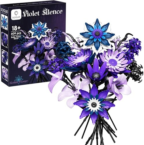 SOOLIO Dahlia Flower Bouquet Building Set for Adults, Creative Gift for Women Girlfriend Mom Wife Gothic Botanical Collection - Buildable Purple Artificial Floral for Home or Office Decor (609 PCS)