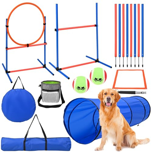 Tnamdan Attrezzatura per Addestramento Agilità per Cani, Ostacoli con Tunnel per Cani, 8 aste per Slalom, Ostacoli Altezza Regolabile, Perfetto per Parco, Ciotola Pieghevole, Borsa di stoccaggio