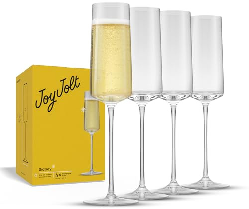 JoyJolt Sidney Stemmed Champagne Flutes Set of 4 | 7 oz Modern Champagne Glasses for Prosecco, Rose, Sparkling Wine, Mimosa, Cocktail Wedding Registry Hosting Gifts | Premium Crystal Made in Europe