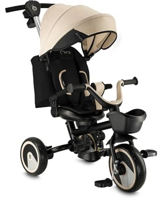 MoMi IVI Kinderdreirad, Tricycle mit 360 °-Sitz mit 3-Punkt-Sicherheitsgurt, Fußstütze, Sonnendach, PU-Räder, Schiebestange, abnehmbare Tasche und Transportkorb für Spielzeug