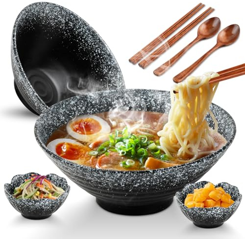 Ecofocet Bol Ramen Japonais, Lot de 2 Bols à Ramen en Céramique de 1000ml, Vaisselle Japonaise avec Baguettes, Cuillère et Bols à Tremper, pour Pâtes, Soupes, Salades, Collations, Céréales