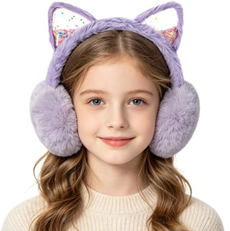QCHOMEE Girls Cute Cat EarMuffs Cartoon Ear Warmer Plush Furry Ear Hamburg Windproof Headband Fashion Adjustable Christmas Birthday Gifts for Child Age 5-14 Years Old