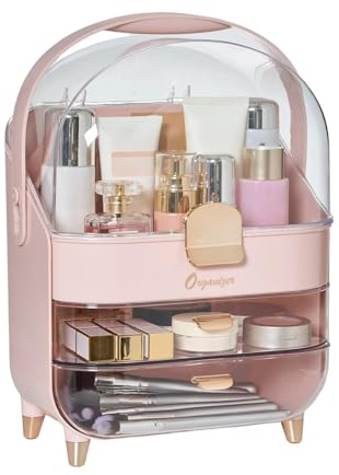 Qivange Multifunctional Makeup Organizer Case with Lid Drawers 3-Layer Desktop Cosmetic Storage Box with Waterproof Transparent Cover & Handle for Dresser Bathroom Countertop 27x18.2x36.5cm(pink)