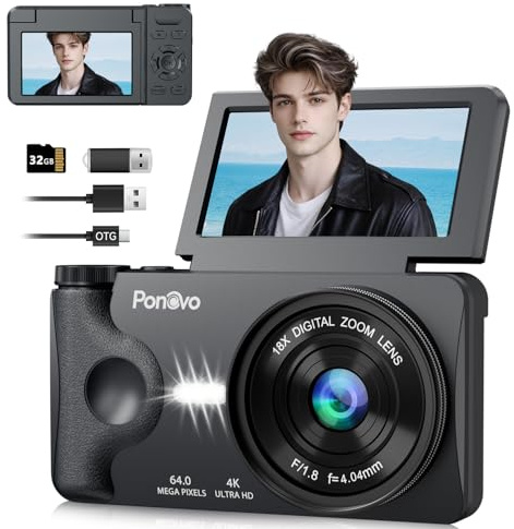 Digitalkamera 4K 64MP Autofokus Fotokamera für Vlogging mit 3 180° Klappbildschirm, Ponovo Digital Camera für Reisen, 18X Digitalzoom, 2000mAh Akku, 32GB Tragbar Kompaktkamera für Anfänger, Schwarz
