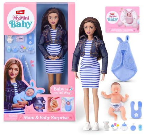 My Mini Mom & Baby Surprise (Maria) By ZURU | Newborn with soft swaddle, bottle, bib & baby accessories, realistic nurturing play, collect all 3, play & display, kids gift