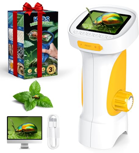1000X Microscopio Bambini, Temodu Microscopio Digitale Bambini da 2.4‘’, con 8 luci LED Regolabili, può essere utilizzato come regalo di compleanno o di Natale 3 agli (White+Yellow)