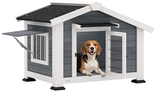 PawHut Cuccia per Cani da Esterno in Legno Rialzata con Tetto Impermeabile | Casetta per Cani, Tetto Spiovente, Finestra Apribile, Facile Pulizia, Porta Ventilata, per Cani Piccola Media, 98x76x69.5cm