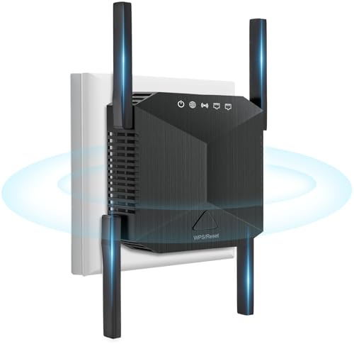 Internet Booster, WiFi Extender with Ethernet Port, 4 Antennas WiFi Booster Range Extender, Home Wireless Signal Booster, Compatible with All WiFi Routers and Devices (Black)
