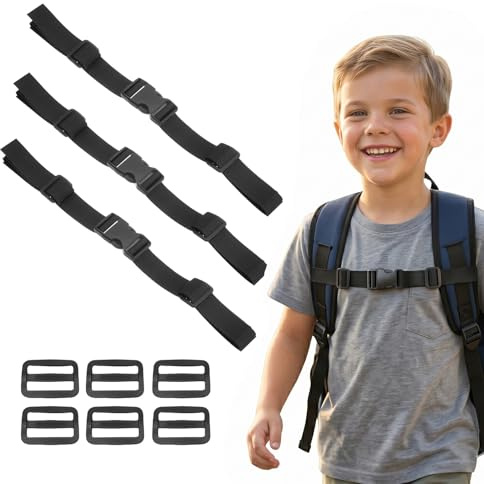 EAVUYIS 3 Stück Brustgurt Rucksack Kinder, Verstellbarer Brustgurt Nachrüsten, Rutschfester Gurtband mit Schnellverschluss für Schulranzen, Zubehör für Wandern und Outdoor, Schwarz