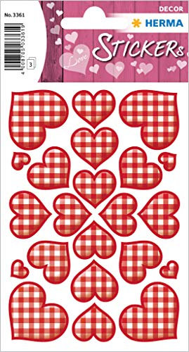 HERMA 3361 Love Liebe Sticker Karierte Herzen selbstklebende Aufkleber mit Liebes-Motiven zum Valentinstag, Hochzeit, Basteln, Scrapbooking oder als Geschenk, 66 Deko-Sticker