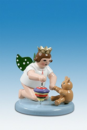 Rudolphs Schatzkiste Holzfigur Engel kniend mit Kreisel Teddy und Krone Höhe 6cm NEU Holzengel Instrument Seiffen Erzgebirge Figur Dekoration Holzfiguren Weihnachten Fensterschmuck Spielzeug Deko