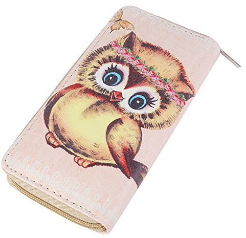 DonDon Geldbörse Damen mit Reißverschluss Portemonnaie Geldbeutel Damen Kinder Mädchen Eule Eulen-Motiv süß beige blau