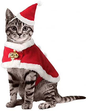 Enjoying Jul- och kattdräkt tomteluva med julkappa röd kattunge kostymer hundar juloutfit med 2 klockor och hårbollar