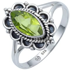 mantraroma Peridot Ring Damen 925 Sterling Silber – Facettierter grüner Edelstein Ring im Vintage Design