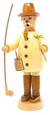 Drechslerei Friedbert Uhlig, Räuchermännchen Nr. 008/n, Angler, Natur, 25 cm hoch, aus regionalem Holz gedrechselt, echte Handarbeit aus dem Erzgebirge, Weihnachten, Holzkunst, Echtholz