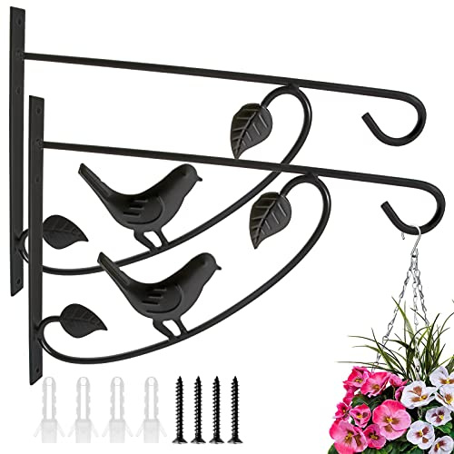 AHUNTTER 2 Pack 13 Heavy Duty Hanging Basket Brackets Wrought Iron Wall Mount Planter Hooks Metal Outdoor Garden Planter Flower Hanger with Screws for Bird Feeder Fence Lantern Wind Chimes - Black
