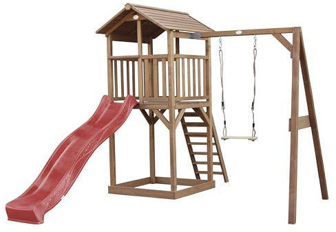 AXI Beach Tower Aire de Jeux avec Toboggan en Rouge, Balançoire & Bac à Sable | Grande Maison Enfant extérieur en Marron | Cabane de Jeu en Bois FSC