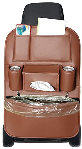 Qirc Auto Organizer Rücksitz, Rückenlehnenschutz Auto Kinder Autositzschutz aus PU-Leder, universeller Wasserabweisender Kick Matten Schutz für Autositz,1 Stück (braun)