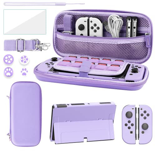 Ensemble de housses pour Nintendo Switch OLED, étui de transport pour manette Switch OLED et Joy Con avec étui de protection rigide à rabat et protecteur d'écran, 4 poignées de pouce, bandoulière