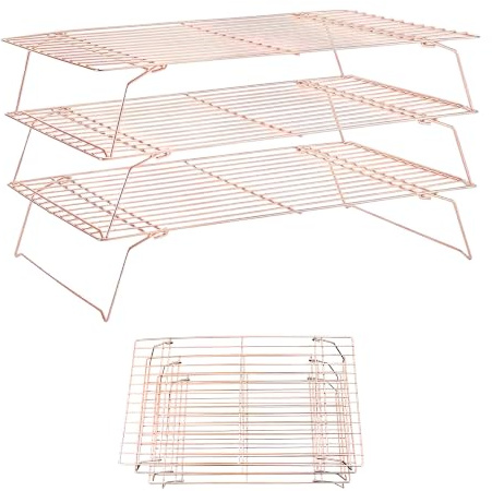 Cooling Rack for Bread Baking, Stackable Foldable 3 Tiers Non-Stick Coating | Food Cooler for Cake Cookies Loaf Roasting Loaf Rack Thick Cross Wire Metal Tray Kitchen and Grill Stainless steel 40cm