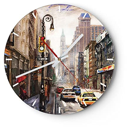 Modern Wanduhr New York Aquarell 30x30cm Rund Klein Wand Uhr Glas Analog Zimmeruhren Küche Büro Wohnzimmer Glasuhr Wall Clock Dekoration Design Wanddekoration Küchenuhr C3AR30x30-4590