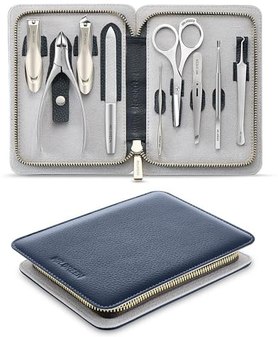 MR.GREEN 9 in 1 Manicure Set Pedicure Kit, German Stainless Steel Nail Clippers Set, Anti Splash Heavy Duty Nail Cutter, Professional Nail Care Tools with Real Leather Case for Men & Women (Deep Blue)