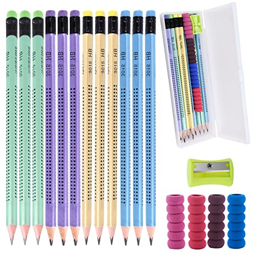 Zngou 18Pcs Hb Pencils Set, 12Pcs Presharpened with Rubbers On The End Triangle Wood Cute Eraser 1 Sharpener 4 Pencil Grips Pen Case for School Kids Children Writing Drawing