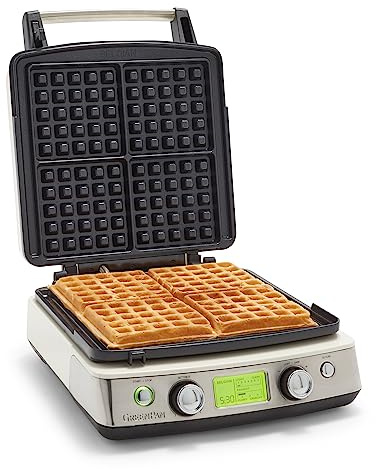GreenPan Elite 4 square Belgian and classic waffle iron, healthy ceramic nonstick aluminum dishwasher safe plates, adjustable shade/crunch control, will not overflow,