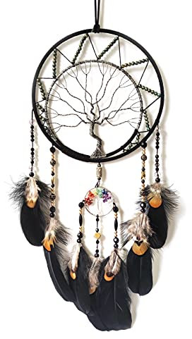 Donko Black Large Dream Catcher Wall Decor Crystal Tree of Life Dream Catchers Handmade Feather Dreamcatcher Wall Hanging Ornament for Bedroom Living Room Home Decor