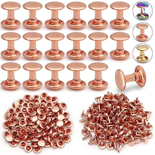 PECMER 100 Sets Doppelkappennieten für Lederhandwerk, 9 mm, röhrenförmige Verschlüsse zum Basteln, Ledernieten-Set – runde Schnellniete für Stoff, Geldbörse, Schuhe, Gürtel, Reparatur, Roségold