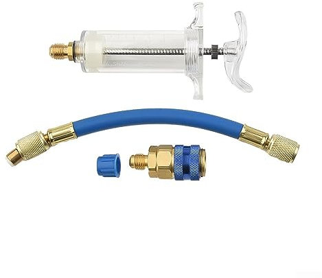 1 inyector de aceite y tinte de aire acondicionado de 30 ml con acoplador rápido R-134a SAE de 1/4 pulgadas para bomba de giro manual, inyección de aceite, aire acondicionado de coche, adaptador de
