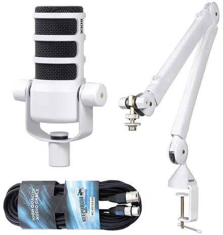 RØDE Rode Podmic Professional Podcast Microphone White + PSA1 + Articulated Arm White + Keepdrum XLR Cable