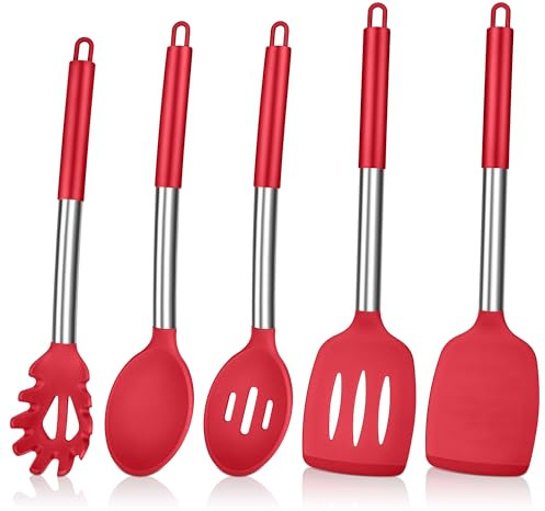 Herogo Juego de utensilios de cocina, 5 piezas de utensilios de cocina de silicona con mango de acero inoxidable, resistentes al calor, cuchara y espátula para sartén antiadherente, color rojo