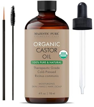 Majestic Pure USDA Organic Castor Oil | Hexane Free & 100% Pure | Cold Pressed | Stimulate Growth for Hair, Eyelashes, Eyebrows, Nails | Moisturizing & Nourishing | Body, Hair & Carrier Oil | 4 Fl Oz