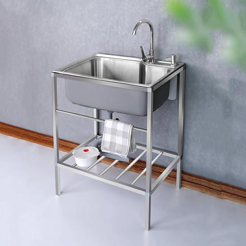 Évier en Acier Inoxydable,Évier de Cuisine Lavabo à Une Cuve,Evier Buanderie Simple avec Robinet, Evier Restaurant Commercial avec Établi et Robinet,pour buanderie/arrière-Cour/Garage (Size : 58 * 43