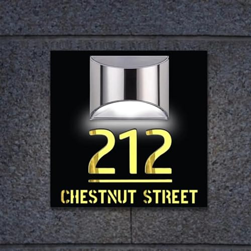 Targa per porta con numero civico illuminato a energia solare, personalizzabile con nome della strada, targa illuminata a LED per esterni, arte da parete (30 x 30 cm, nero oro)
