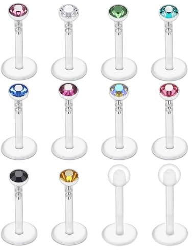 Gojewen 12er Plastik Lippenpiercing 1,2mm Flexibeler Kunststoff Labret Stecker 10mm mit Kristall Bioflex Piercing Lippe