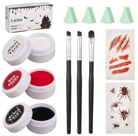 Lictin Maquillage Halloween, Comprend 3 Couleurs Noir Rouge Blanc de Maquillage pour le Visage et le Corps, Maquillage Enfant, Idéal pour le comme les Zombies, Vampires, Monstres et le Cosplay