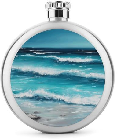 Flasque en acier inoxydable, turquoise avec imprimé paysage marin original, flasque de poche, flasque de voyage, flasque portable en métal