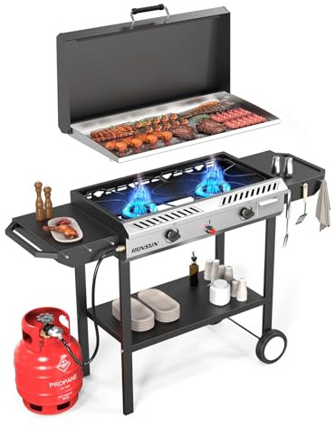 ROVSUN 2 Burner Outdoor Propane Gas Stove with Griddle, Auto-ignition, Regulator & Side Shelves, 150,000 BTU Powerful Stand Cooker for Backyard Cooking Home Brewing Canning Frying Grilling