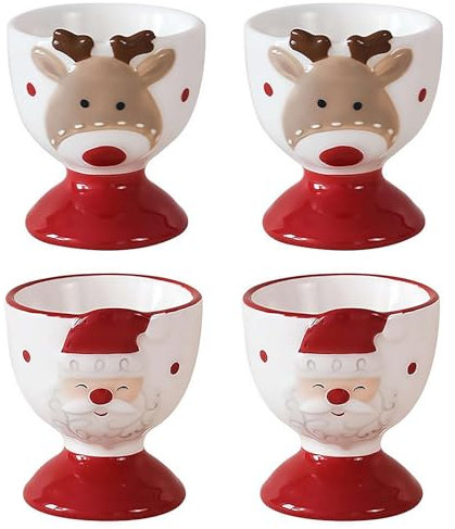 Lot de 4 coquetiers de Noël en forme de cerf avec motif Père Noël et cerf - Adorable support pour œufs à la coque - Support en céramique pour décoration de bureau de Noël