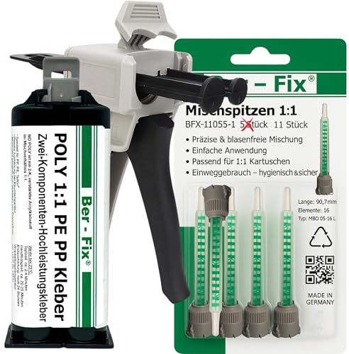 Ber-Fix 2K Poly Spezialkleber 50g + 11 Mischdüsen + Pistole PE PP HDPE | 2K Poly Spezialkleber 50g + 11 Mischdüsen + Pistole PE PP HDPE: Spezialist für PE