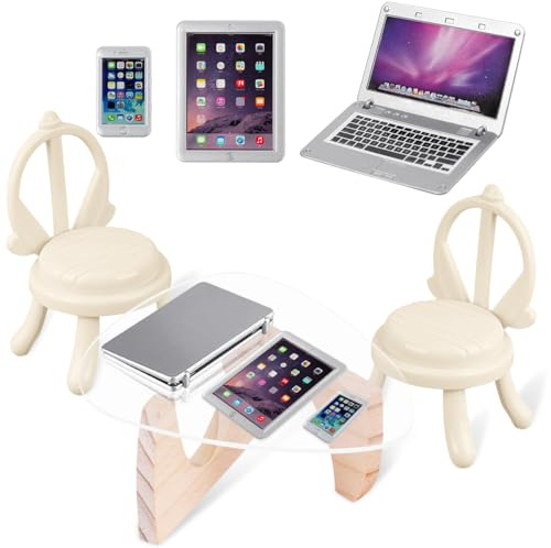 6er-Pack Puppenhaus-Zubehör, Puppenhaus-Möbel, Puppenhaus-Möbel-Set, 1:12 Metallsimulation, Laptop, Tablet, Smartphone, Mini-Stuhl, Tisch, Puppenhaus-Miniaturmodell (Silber)