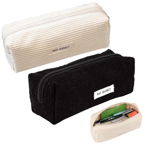 SHUOHONG 2 Stück Federmäppchen Cord-Stoff, Waschbar Stiftemäppchen | Tragbares Federmäppchen mit Reißverschluss, Aesthetic Pencil Case für Teenager Männer und Frauen (Schwarz+Weiß)