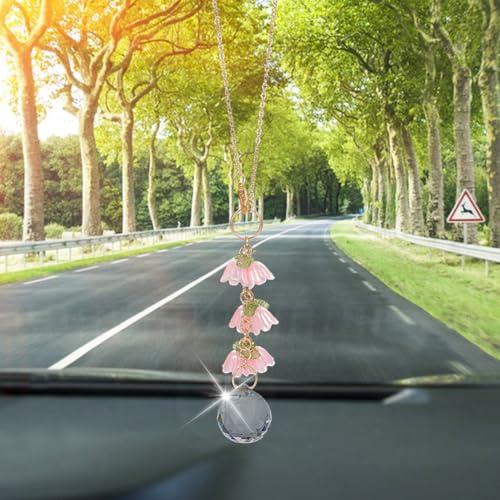 DELORIGIN Sonnenfänger Autozubehör Kristalle Rosa Maiglöckchen Auto Hängeornament Blumenspiegel Auto Charm Autospiegel Anhänger Für Fenster Autorahmen Balkon Auto deko glücksbringer Auto
